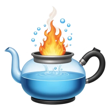  a small pot or kettle filled with water placed on fire, the water is boiling intensely with visible steam and bubbles rising, bright lighting, clean white background sticker