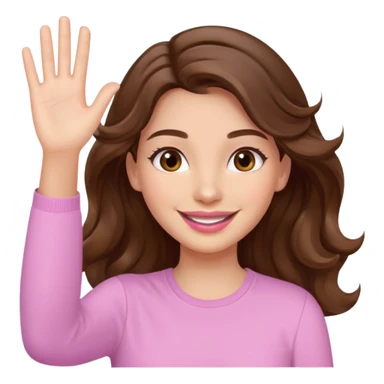 girl with wavy long brown hair, brown eyes, light to medium complexion, long lashes, light pink lipstick, smiling, wearing light pink shirt, waving hello sticker