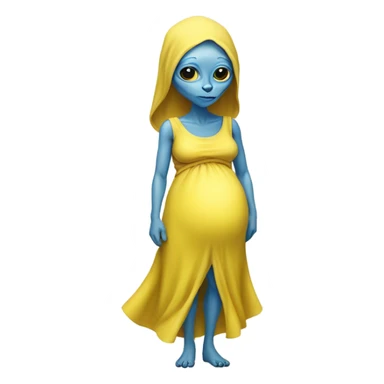 Pregnant blue alien woman, full body, on jellow dress sticker