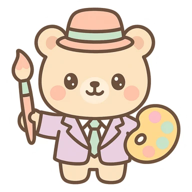 a chief of creative character, professional yet imaginative, with artistic elements like a paintbrush and palette, kawaii style sticker