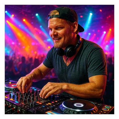 Avicii age 36 DJ at turntables in vibrant club scene with dynamic lighting sticker