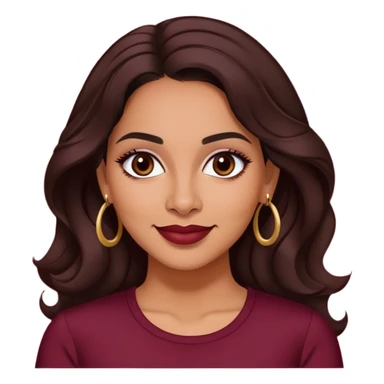 Puerto Rican actress Lynette Torres, woman with warm brown skin, attractive elegant features, expressive dark eyes, well-defined eyebrows, straight nose, friendly smile, long dark wavy hair, wearing a fashionable burgundy top sticker