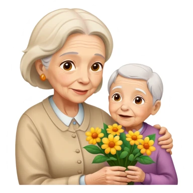 child giving flowers to an elderly woman, warm and expressive sticker