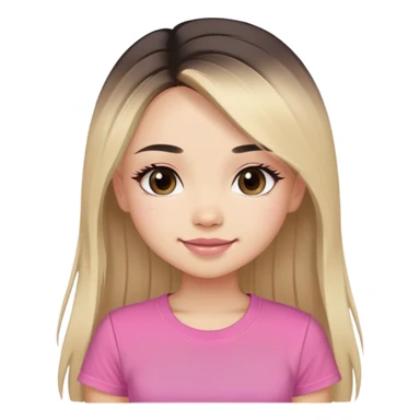 Slavic girl, light skin, long eye lashes, pink beige lips, brown eyes, long black-to-blonde ombre straight hair, pinkT-shirt, chibi, smiling. sticker