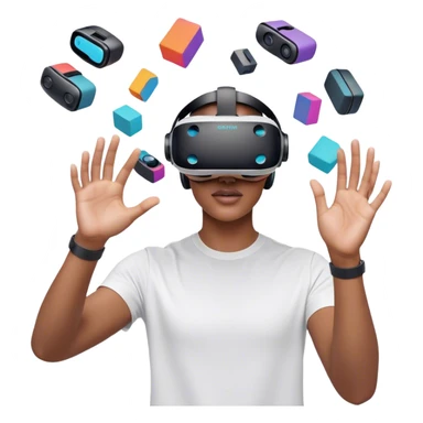 Create an emoji for the creation of VR/AR technology. Show a designer's hands holding a VR headset or AR glasses, with floating 3D models or virtual objects being manipulated in the air. Use modern, tech-inspired colors. Do not include any emojis or smiley faces. Make the background transparent. sticker