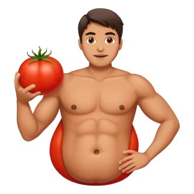 man with a large red tomato instead of a belly sticker