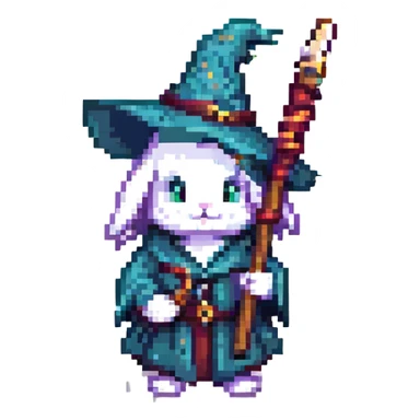 adolescent wizard bunny holding a staff, pixel art style sticker