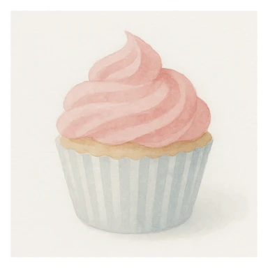 cupcake with pink icing in a striped wrapper, subtle color blending, artistic texture, watercolor art style sticker