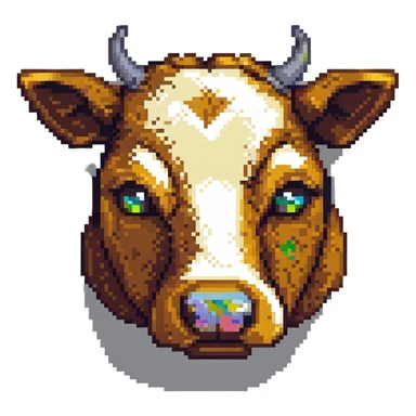 simple blocky Minecraft cow head emoji with 2 or 3 large colorful square pixels, chunky, playful, childlike sticker
