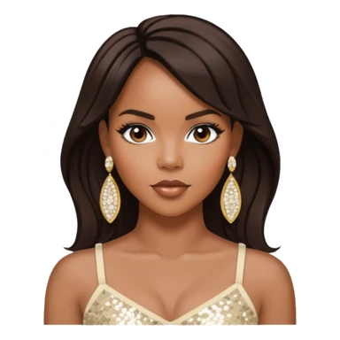 LeToya Luckett with long dark brown hair, ivory sequin crop top, ivory earring sticker