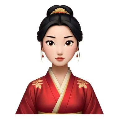 Cinematic Realistic Noble Mulan Portrait, depicted with lifelike, warm light-toned skin that reveals subtle texture and natural shadows. Her sleek black hair is intricately styled into a traditional bun with every strand rendered in exquisite detail, and her almond-shaped eyes, full of quiet resolve, are softly illuminated. She wears a meticulously detailed traditional robe with delicate red and gold accents, its rich fabric textures and gentle folds catching the light beautifully. The portrait radiates a natural, enchanting glow, capturing Mulan’s inner strength and timeless grace in a realistically painterly style. sticker
