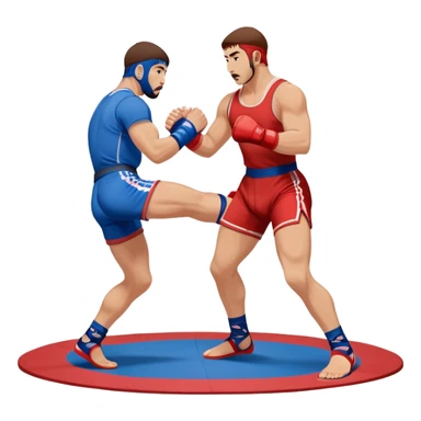 Two Sambo fighters in blue and red gis with shorts and wrestling shoes, executing gripping and throwing techniques. The fighters are engaged in a dynamic, action-packed moment with no strikes. The background features a wrestling mat, focusing on the technique and control. Transparent background  sticker