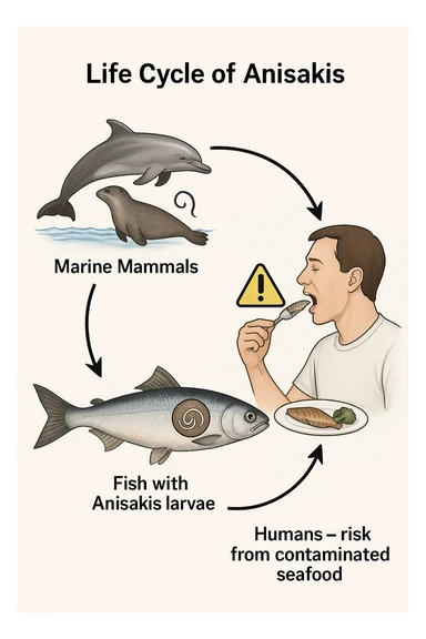 a diagram showing the life cycle of Anisakis, with arrows connecting stages from marine mammals to fish and then to humans. Each stage is illustrated with realistic images: the parasite in the ocean, inside a fish, and the risk to humans who eat contaminated seafood. The style is clear and informative, with labels and icons. sticker