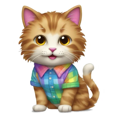 fluffy cat with colorful rainbow fur in a checkered shirt sticker