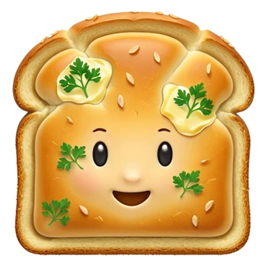 golden garlic bread slice with crisp edges, visible melted butter and herbs on the surface, soft fluffy interior, toasted slightly glossy crust, flecks of parsley or garlic, no plate or knife, soft lighting, subtle shadows, emoji scale sticker
