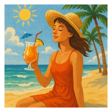 take this picture of a woman and make it  beach photo with drink sticker