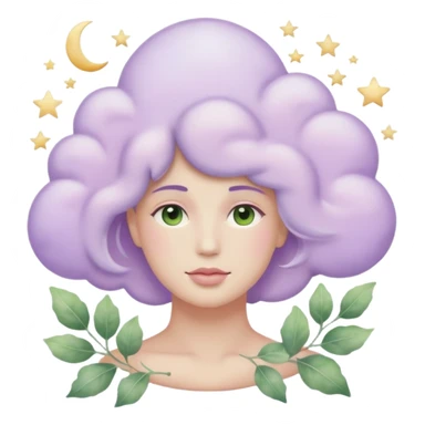watercolor-style emoji of a human head silhouette with “AI” inside a lilac cloud, connected to a soft circuit shape. gentle pastel palette (sage green, blush, lilac), surrounded by leaves, moon, and stars — poetic and calm aesthetic. sticker