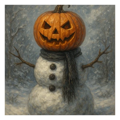 a snowman with a carved pumpkin on its head, detailed, artistic sticker