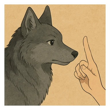 Make the dog gray and add a human hand in front of his nose with the index finger pointing up, in the same ghibli style. sticker