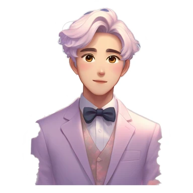 Gorgeous romantic anime style Asian formal modern gentlemanly guy with flowers and blushing face aesthetic trending style outside with colorful gradient colors  pastelcore cottagecore kawaiicore sticker
