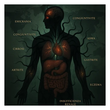 semi-realistic, medical-fantasy human silhouette with dark worm-like forms radiating from the center to every organ, each organ associated with a specific disease (emicrania, aritmia, asma, cirrosi, colite, artrite, eczema, congiuntivite, insufficienza renale, gastrite), glowing cracks, green mist, world map background, allegorical sticker