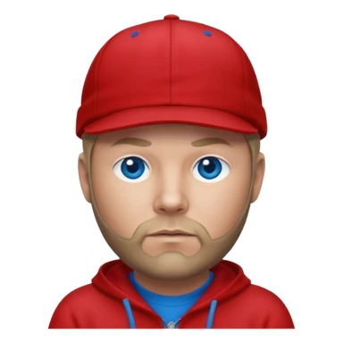 Fred Durst with dark blonde hair, blue eyes, red outfit and cap sticker