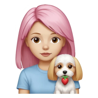 cute white Maltese terrier with pink nose on lap of girl with long blow-dried strawberry blond hair, brown eyes, thin eyebrows, slim nose, beautiful lips, Apple memoji emoji style sticker