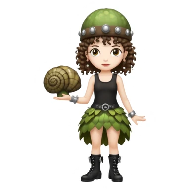 full body woman short curly brown mullet hair brown eyes white skin wearing punk fairy outfit and snail shell hat sticker