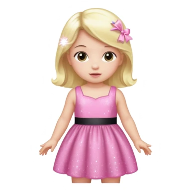 A baby with a pink sparkling dress and blonde hair and black hair and long hair sticker