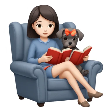 a girl reading a book in an armchair, Schnauzer puppy sitting beside, cozy and relaxing, iPhone icon style, soft colors, minimal details sticker