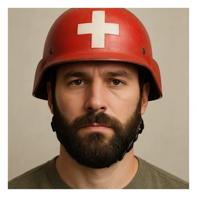 bearded man wearing a red medic helmet, detailed, clear facial hair, helmet with a white cross, neutral background sticker