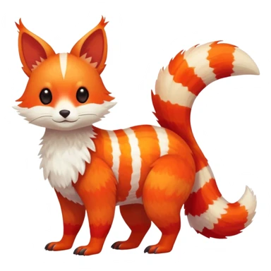 lush warm-colored Fakémon-Trico-creature (full body) with white cheek markings, white-striped tail sticker