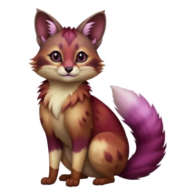 Hyper realistic  wine-dark burgundy fur melting into shadow-plum ombré smoke beautiful elegant pretty precious cute  Fakémon-Pokémon-opossum-feline-serval-caracal-chinchilla-Furret-Minccino-hybrid-creature with a big fluffy bushy tail (full body) sticker