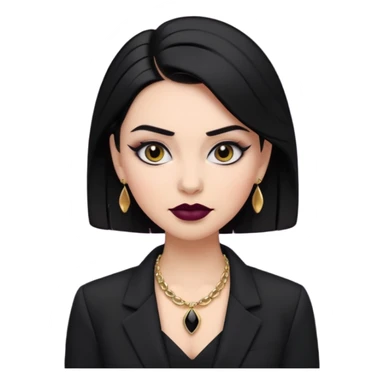 “Emoji girl, sculpted contour, bold dark lipstick, defined brows, sharp eyeliner, sleek black hair updo, statement necklace, black blazer.” sticker