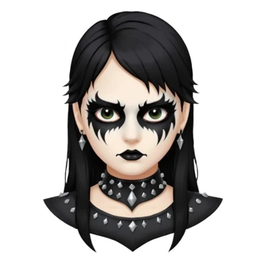 Crea una ragazza con stile black metal,  paint face black metal, capelli neri mossi dalle spalle e occhi bianchi e un collare con borchie a punta sticker