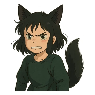 A girl with black fox ears and a tail, green eyes, dark hair, looking angry sticker