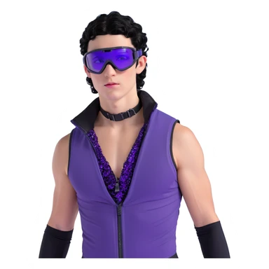 male athlete with white skin and moderately curly black hair on top with shaved sides, wearing ski goggles with purple frames and very dark black lenses, a simple plain black chain necklace, and a completely unzipped sleeveless vest with purple and black sequin fire pattern design, fully revealing his chest, shoulders and arms, no earrings sticker