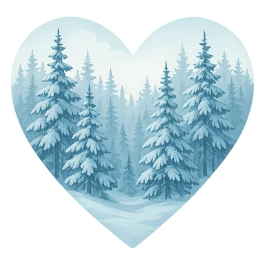 heart with a tranquil snowy fir grove, clean digital illustration sticker