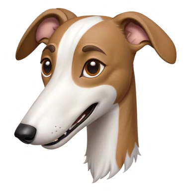 Cinematic Comical White and Brown Greyhound Portrait Emoji, Head tilted dramatically with an exaggeratedly amused expression, featuring a striking white Fur with dynamic brown accents, wide, expressive eyes filled with playful disbelief, Simplified yet hilariously expressive features, highly detailed, glowing with a slightly sassy glow, high shine, dramatic yet playful, stylized with an air of cheeky mischief, bright and endearing, soft glowing outline, capturing the essence of a spirited and over-the-top racer, so meme-worthy it feels like it could side-eye its way into internet fame instantly! sticker