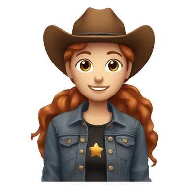 Girl with short red hair, with brown eyes, smiling, wearing a denim jacket and black shirt and brown cowgirl hat, hugging her brown horse that has a white spot on her forehead. sticker