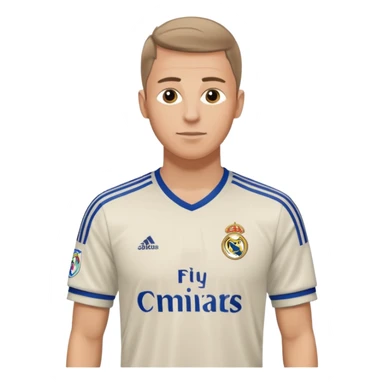 White male wearing Adidas Real Madrid jersey with Champions logo on sleeve sticker