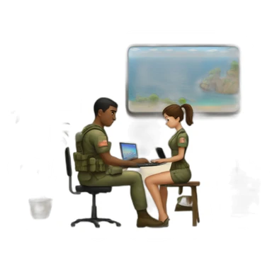 A soldier playing computer game while his girlfriend waits fór jim to reply with message sticker