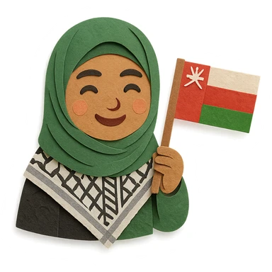 a hijab-wearing girl wearing the Palestinian keffiyeh and holding the Oman flag, paper craft style sticker