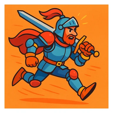 man in a medieval knight costume running, action pose, detailed armor, vibrant colors, energetic cartoon style sticker