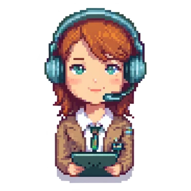 female recruiter, cute, pixel art with a headset sticker