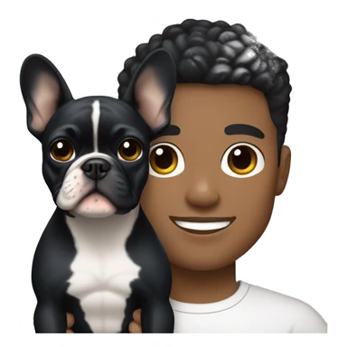 athletic light skin male with short black hair holding a french bulldog sticker