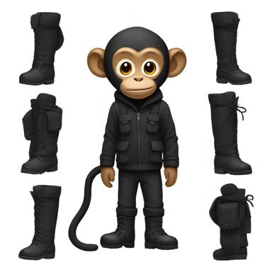 Monkey wearing black clothes black winter boots and a black backpack sticker