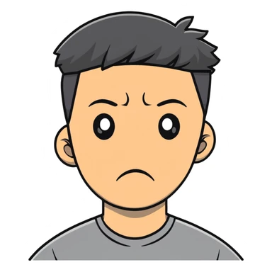 Asian man in a gray shirt with a frown sticker
