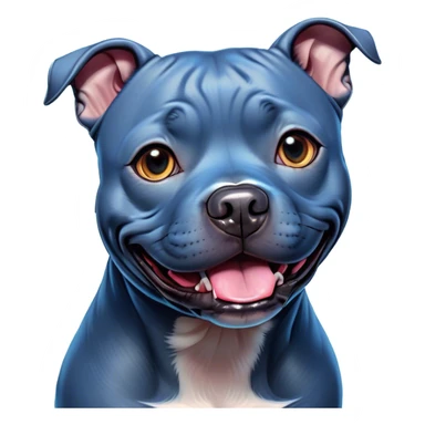 Cinematic Comical Blue Staffordshire Bull Terrier Portrait Emoji, Head tilted dramatically with an exaggeratedly amused expression, featuring a striking blue Fur with a subtle shimmer, wide, expressive dark eyes filled with playful disbelief, Simplified yet hilariously expressive features, highly detailed, glowing with a slightly sassy glow, high shine, dramatic yet playful, stylized with an air of cheeky mischief, bright and endearing, soft glowing outline, capturing the essence of a spirited and over-the-top guardian, so meme-worthy it feels like it could side-eye its way into internet fame instantly! sticker