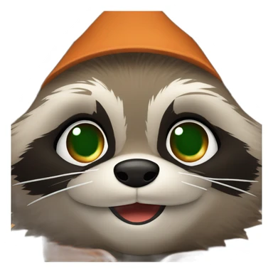brown raccoon with orange eyes and a dark green hood that is smiling sticker